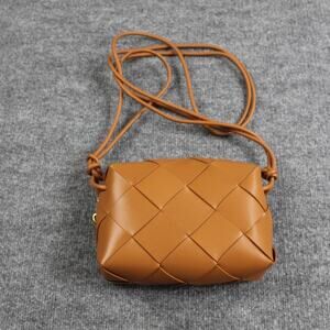 Tiffany Fred Paris Smooth Leather Woven Crossbody Bag Caramel Gold Zipper Luxury